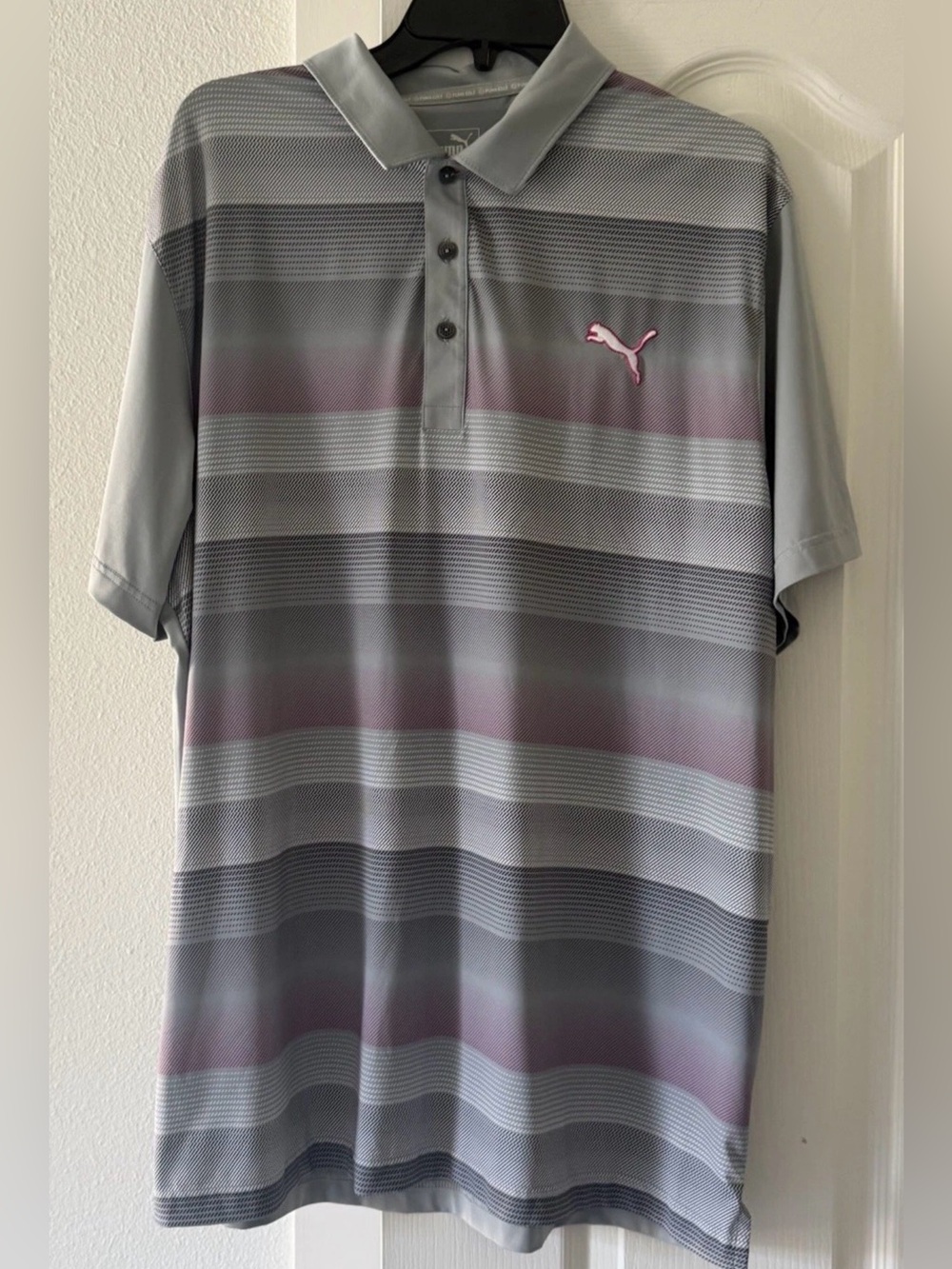 Puma Golf Men’s XL Performance Polo Shirt Gray Pink Striped Short Sleeve